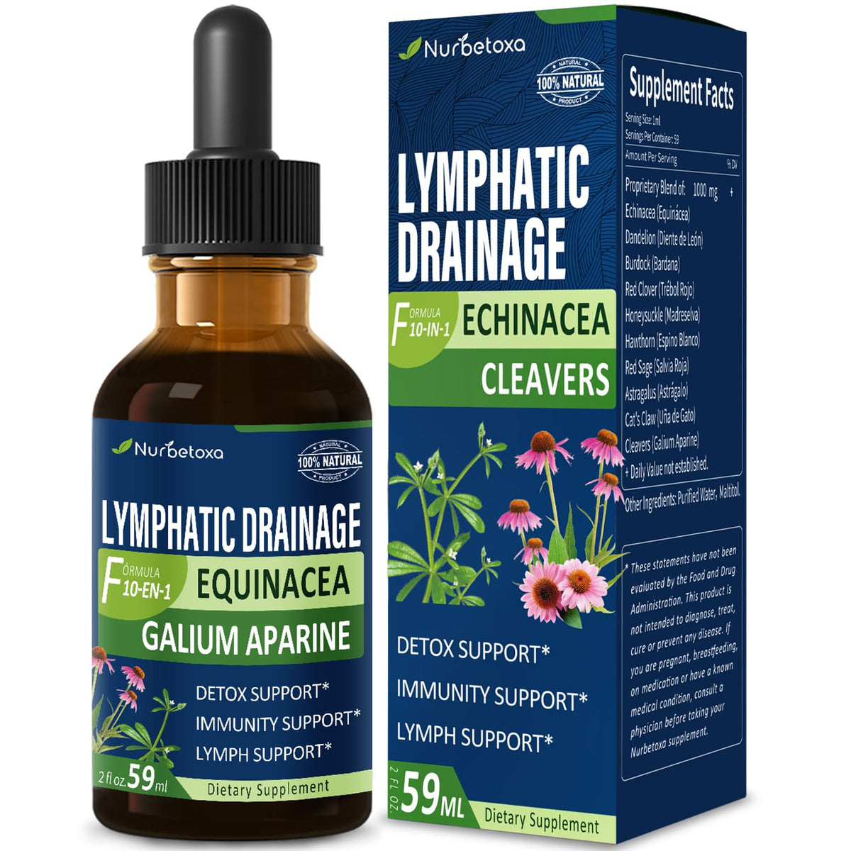 Nurbetoxa Cleavers Lymphatic Drainage Drops bottle showing herbal blend for detox support