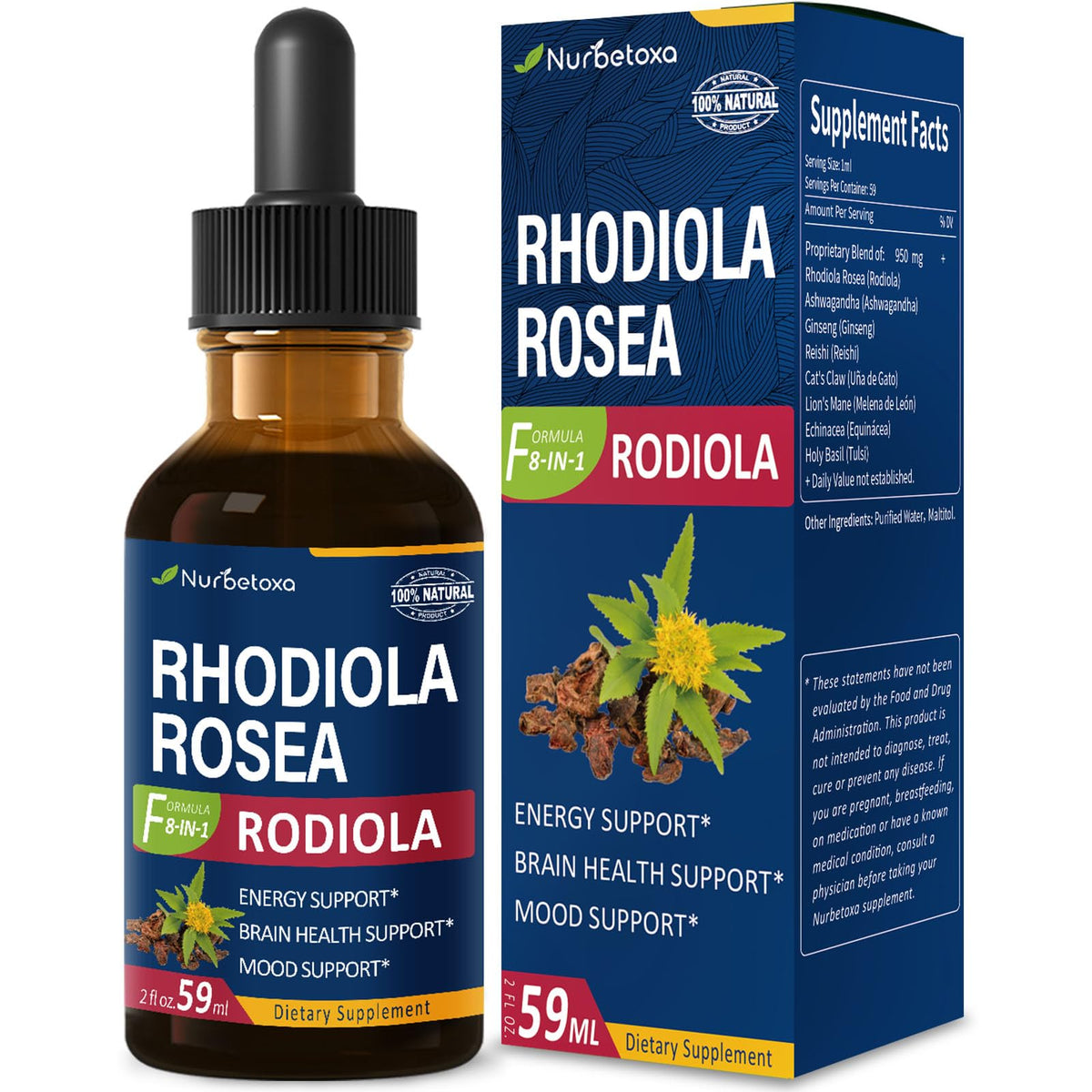 Nurbetoxa Rhodiola Rosea drops bottle close-up showing energy-boosting herbal blend
