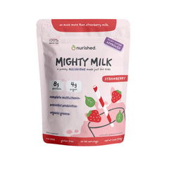 Nurished Mighty Strawberry Milk pouch front showing kid-friendly nutrition and design.