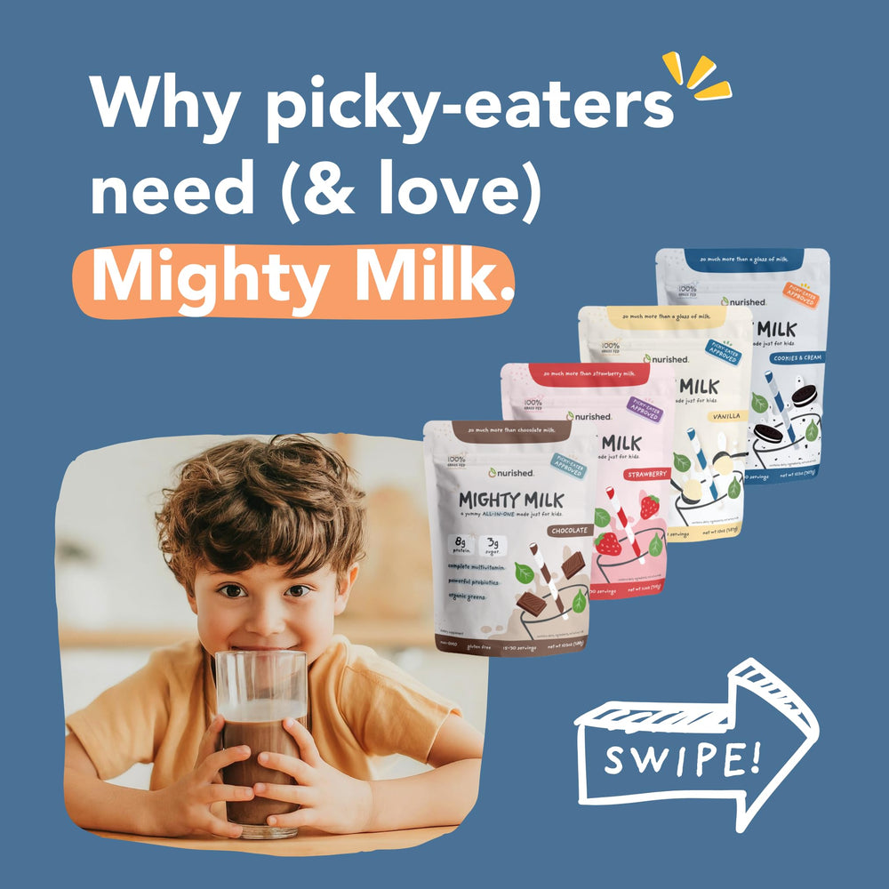 Nurished Mighty Strawberry Milk probiotics bottle indicating 2 billion per serving.