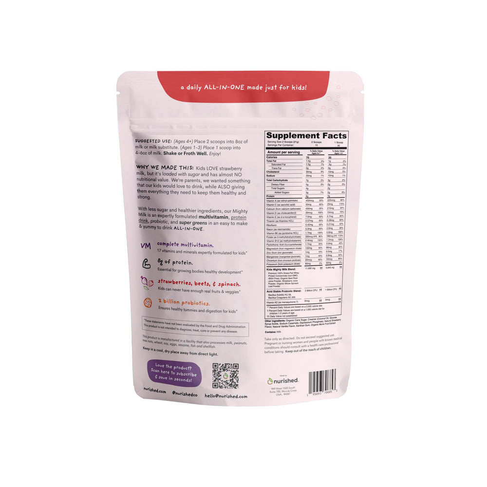 Nurished Mighty Strawberry Milk spoon scooping powder for easy mixing.