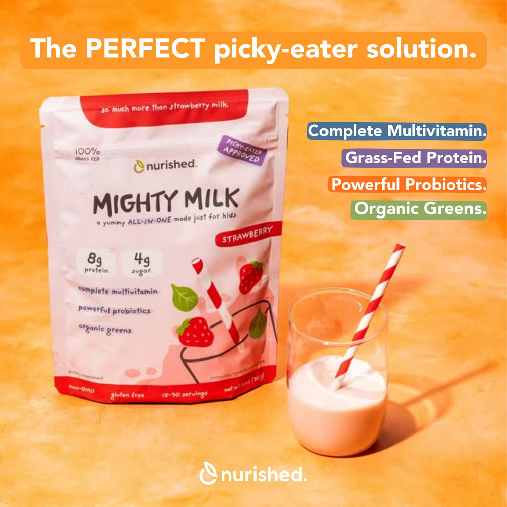 Nurished Mighty Strawberry Milk shake in a glass, appealing to kids.
