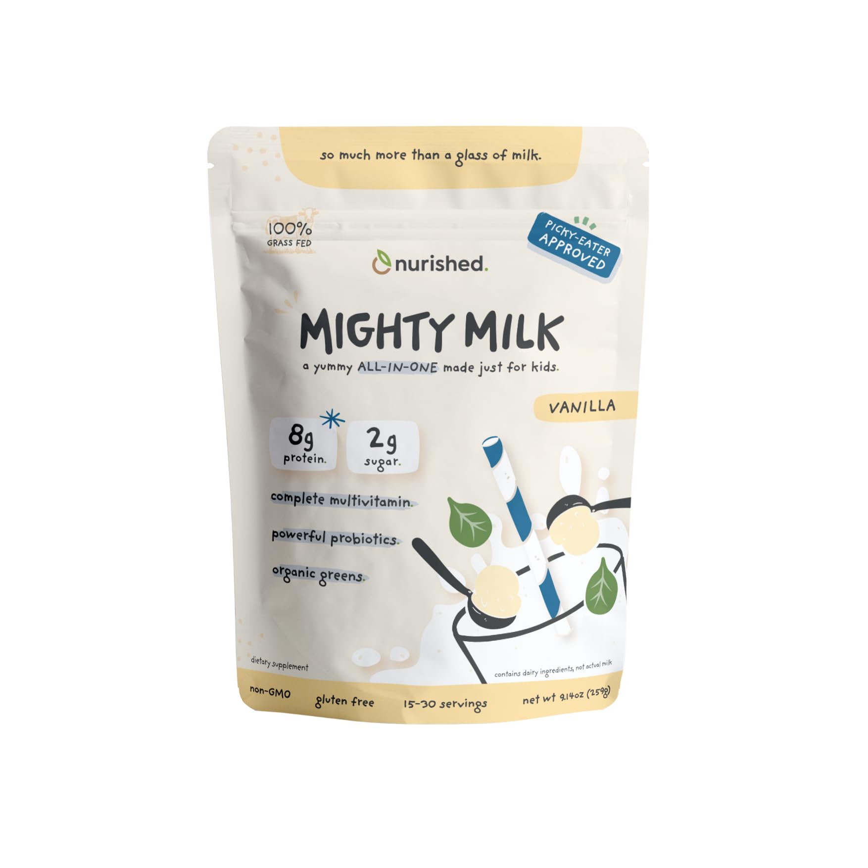 Nurished Vanilla Mighty Milk bottle for kids with daily protein.