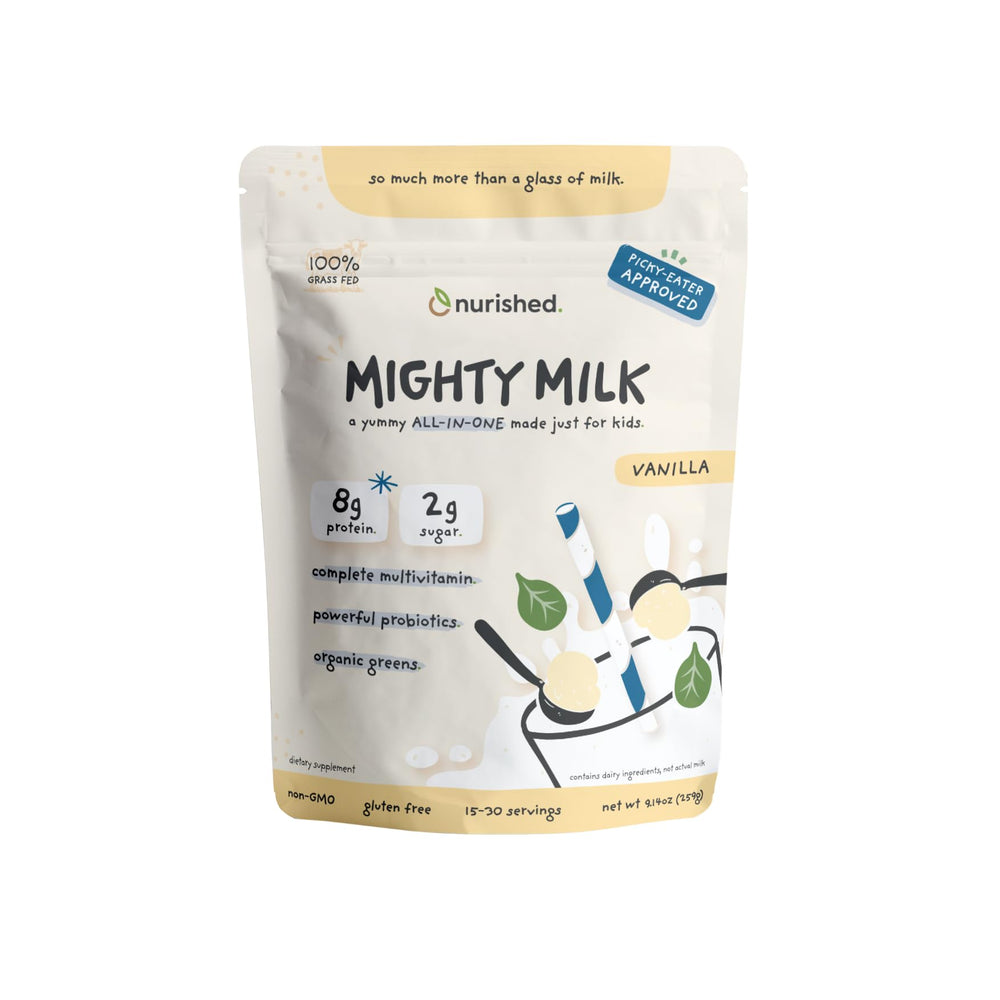 Nurished Vanilla Mighty Milk bottle for kids with daily protein.