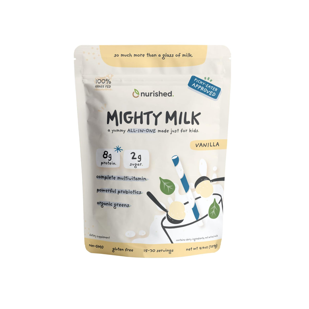 Nurished Vanilla Mighty Milk bottle for kids with daily protein.