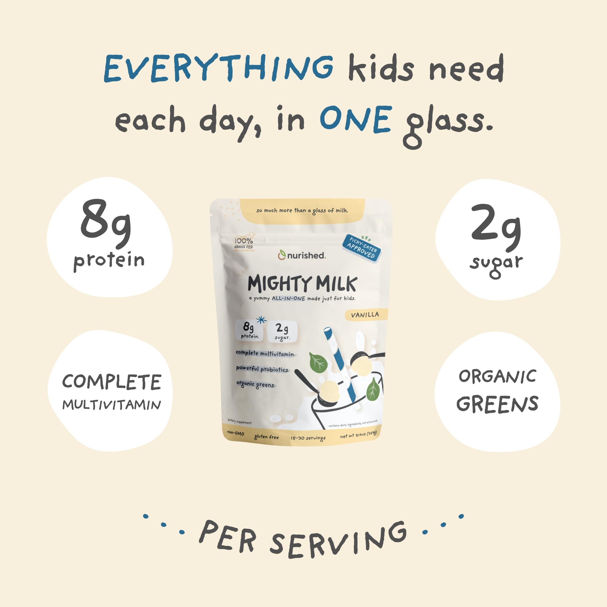 Nurished Vanilla Mighty Milk ingredients include spinach and probiotics.