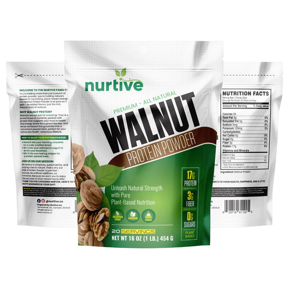 NURTIVE Walnut Protein Powder packaging recyclable symbol for sustainability