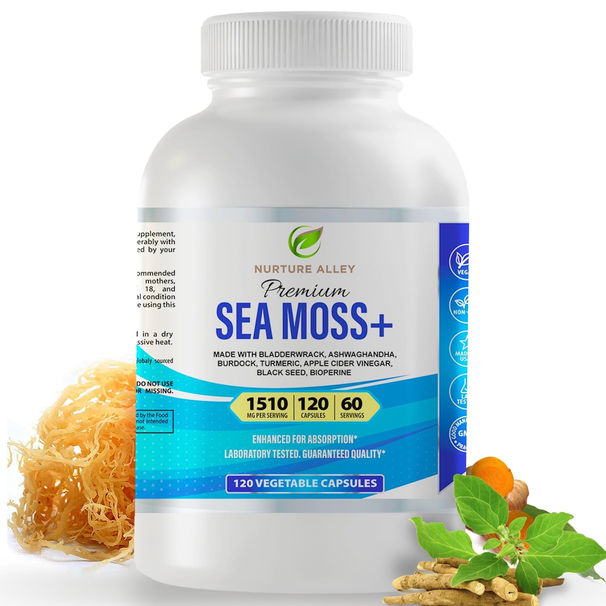 NURTURE ALLEY 8-in-1 sea moss complex bottle close-up for daily wellness support.