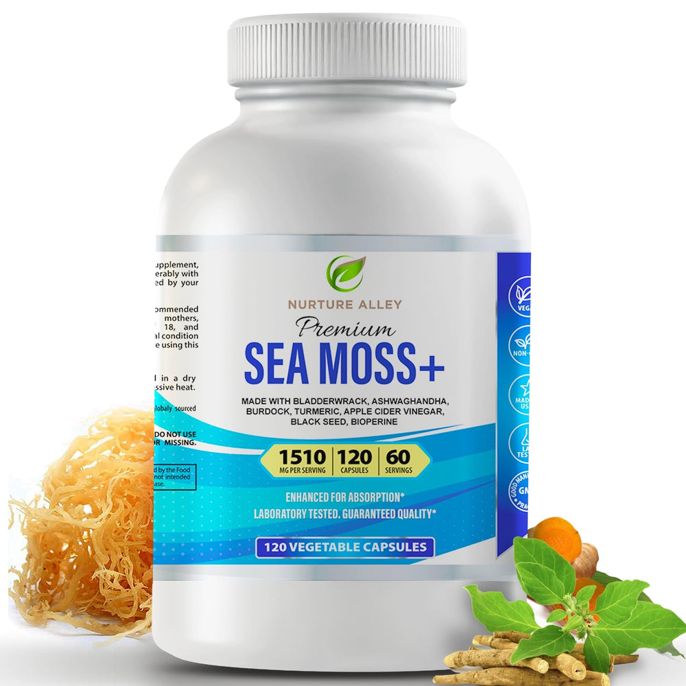 NURTURE ALLEY bladderwrack seaweed bottle highlights minerals for daily nourishment.