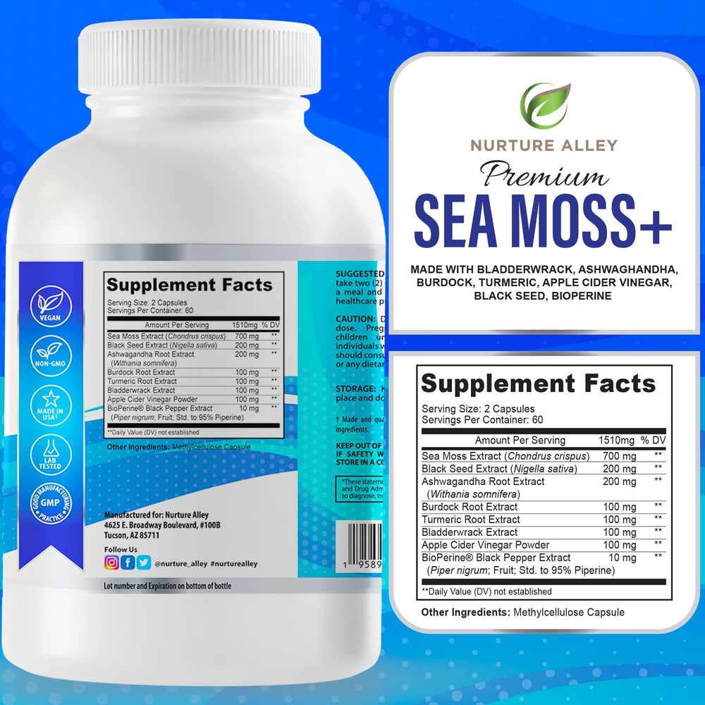 NURTURE ALLEY burdock root sea moss capsules shown for digestive balance.