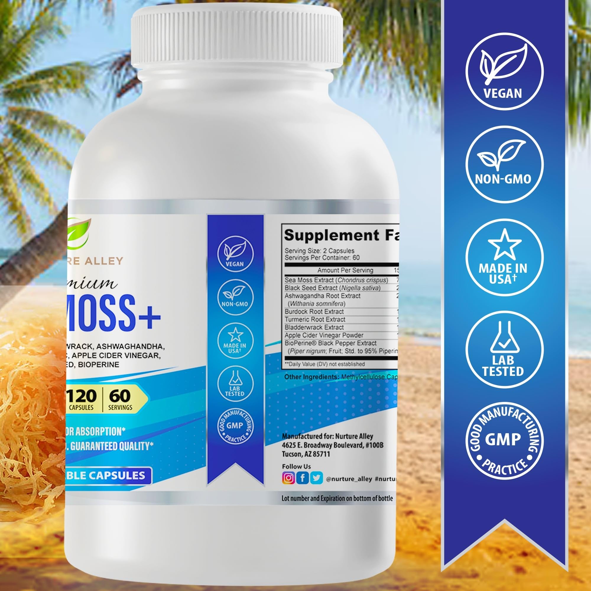 NURTURE ALLEY sea moss bottle on a shelf suggests easy daily use.