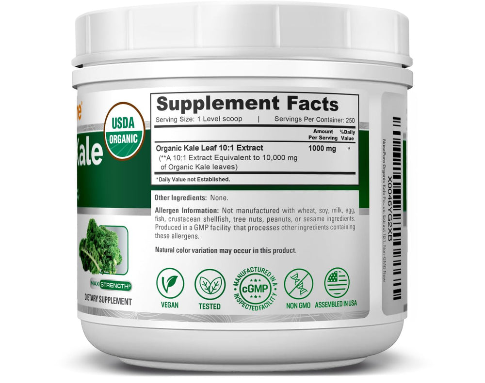 NusaPure kale extract capsule delivering 1000 mg per serving for plant-based routines.