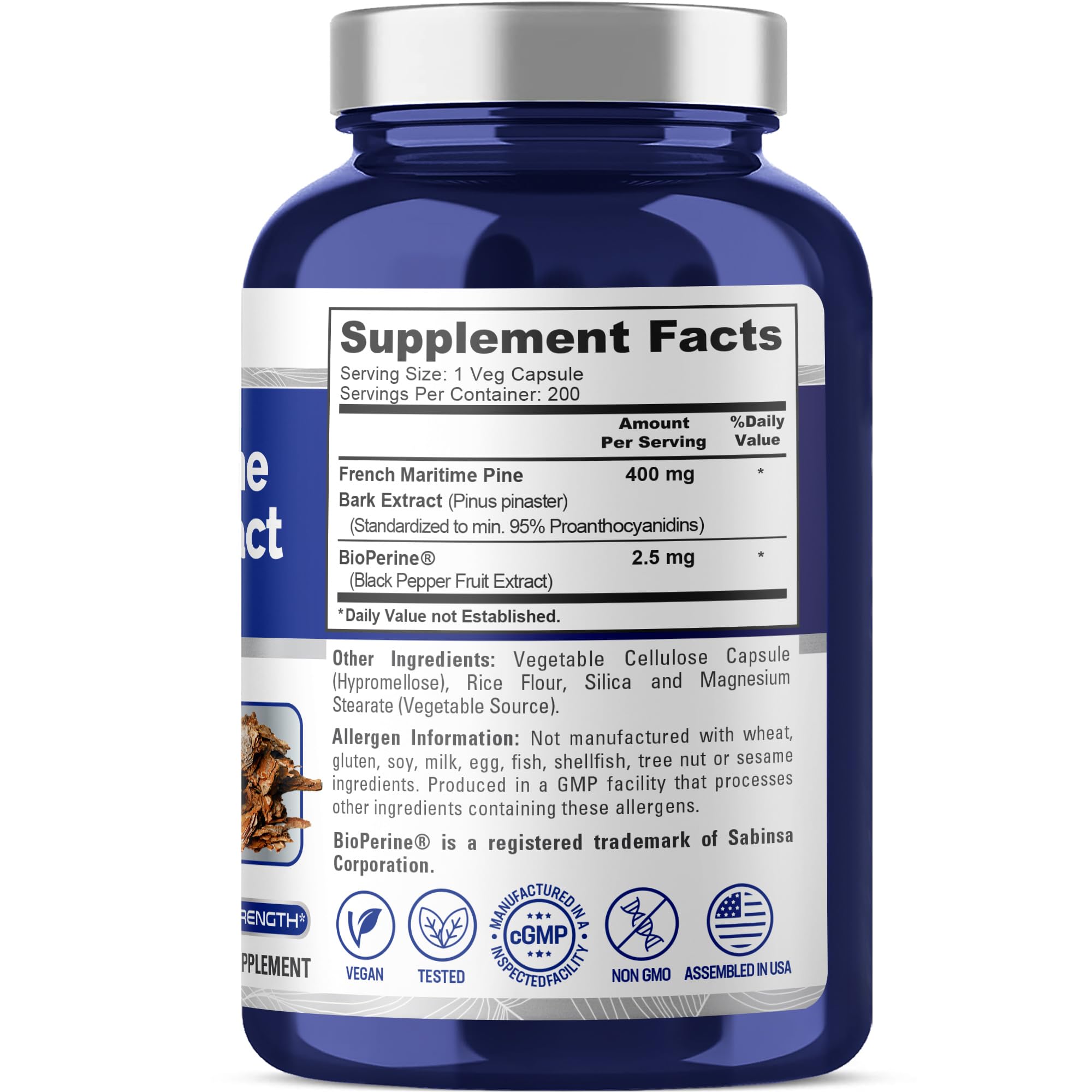 NusaPure pine bark capsules with 400 mg label for consistent daily dosing.