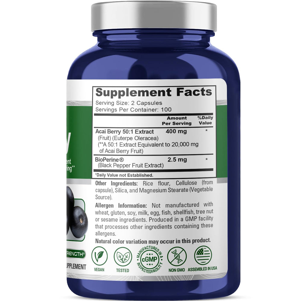 NusaPure Acai Berry bottle back label shows vegan, non-GMO formula