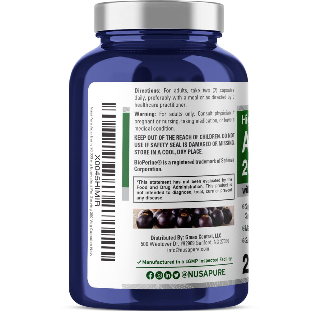 NusaPure Acai Berry capsules closeup highlights easy-to-swallow capsules