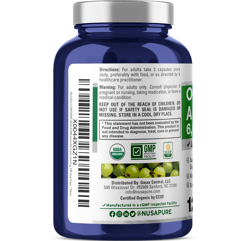 NusaPure Amla bottle shows 6,000 mg equivalent per serving potency