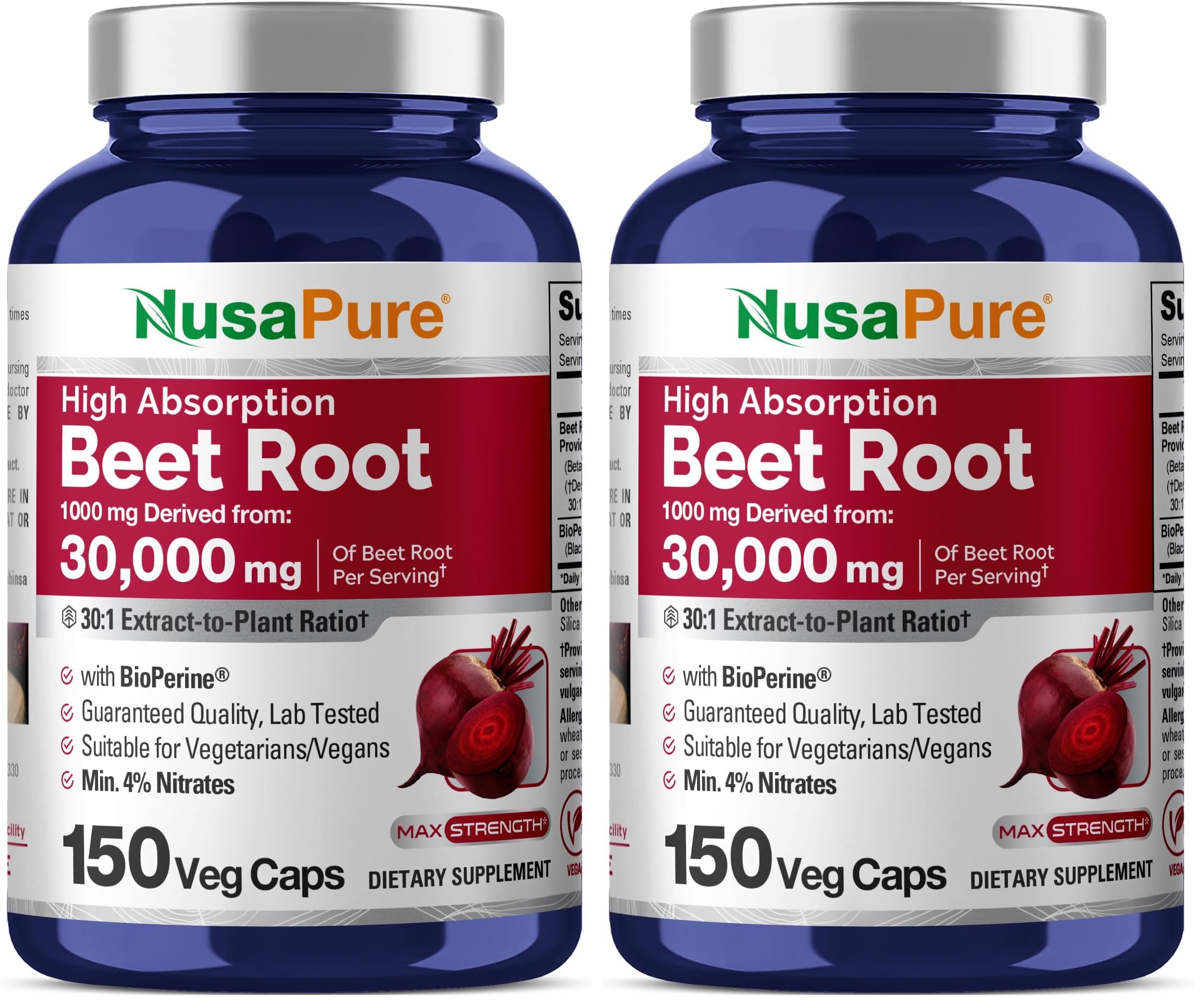 NusaPure Beet Root 30:1 extract bottle front view highlighting vegan, non-GMO formula