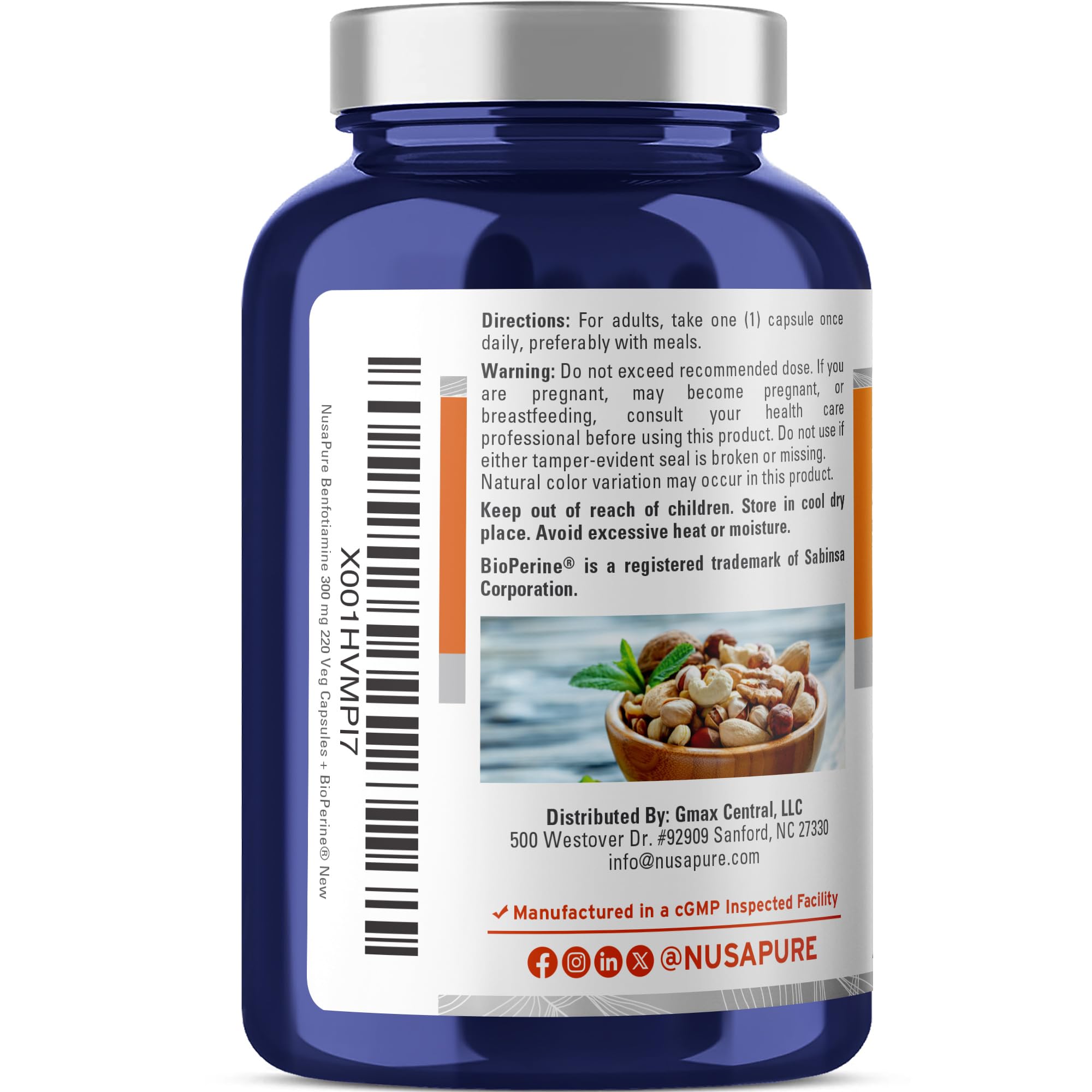 NusaPure Benfotiamine bottle with Bioperine for enhanced absorption