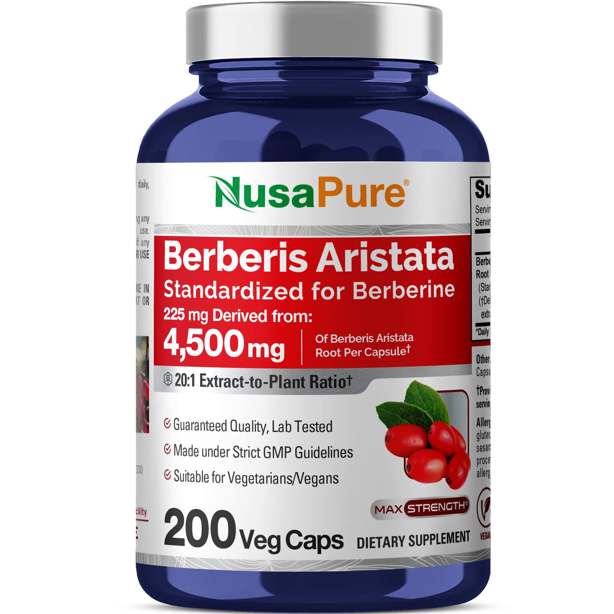 NusaPure Berberine HCI bottle front with vegan friendly packaging