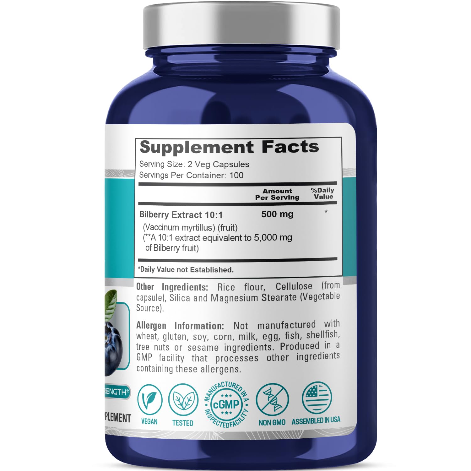 NusaPure Bilberry capsules on bottle indicate 200 capsules per bottle