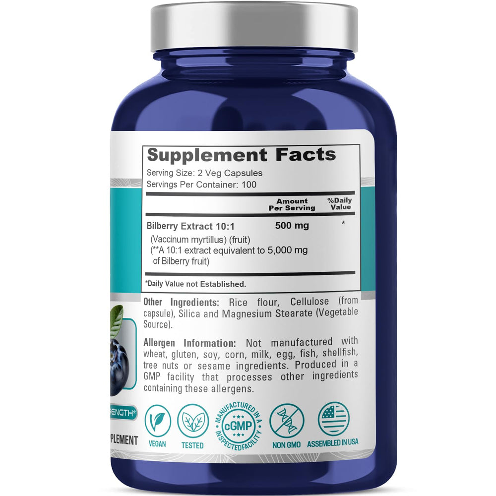 NusaPure Bilberry capsules on bottle indicate 200 capsules per bottle
