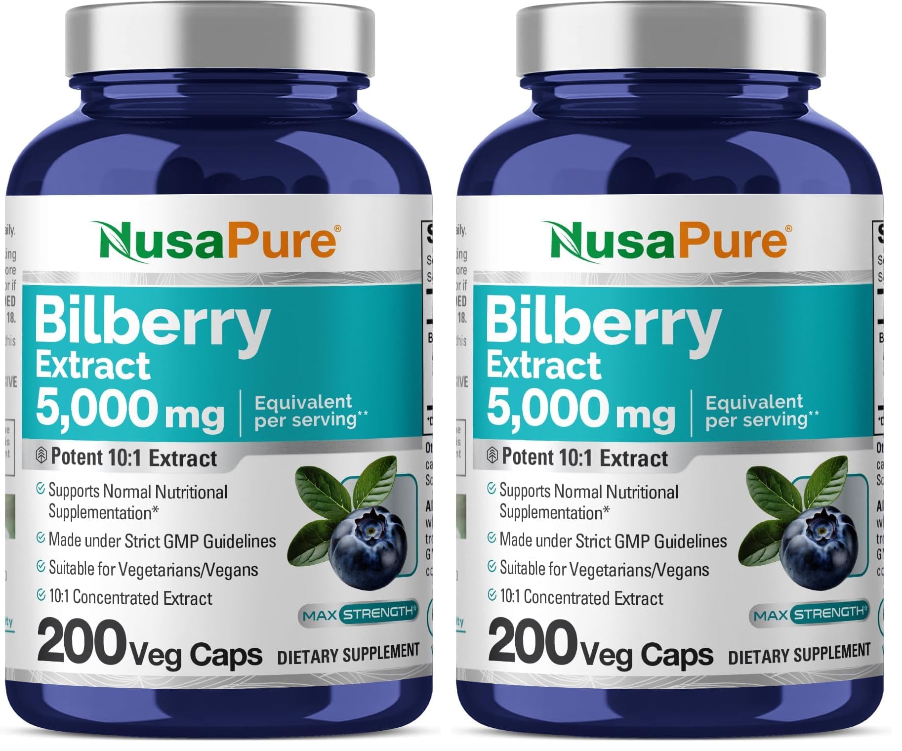 NusaPure Bilberry Extract bottle shows 5,000 mg per serving for daily support