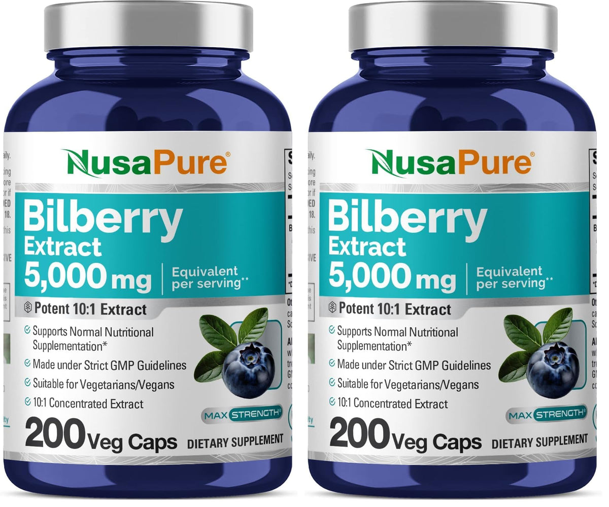 NusaPure Bilberry Extract bottle shows 5,000 mg per serving for daily support