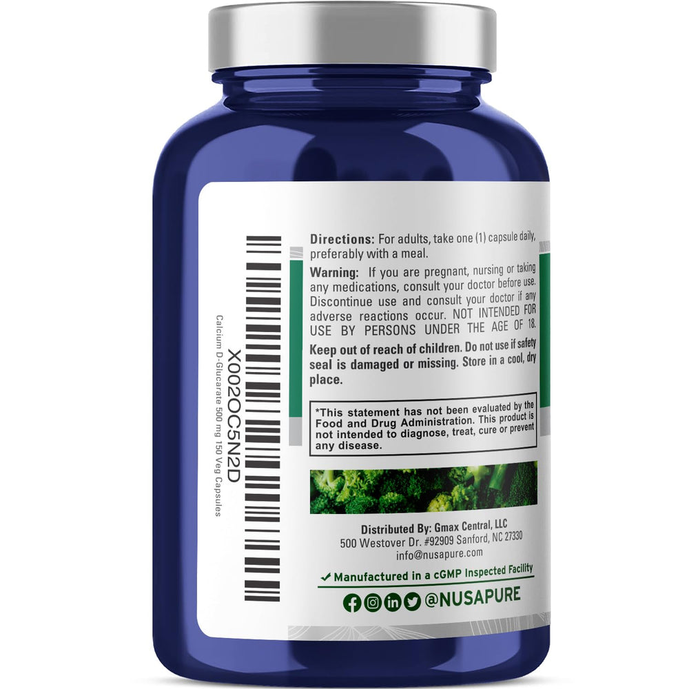 NusaPure Calcium D-Glucarate 150-day supply bottle emphasizes convenient daily use