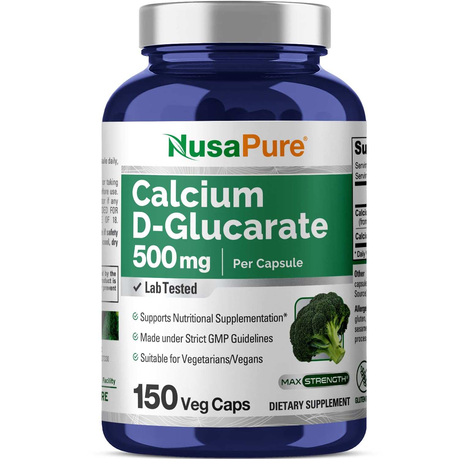 NusaPure Calcium D-Glucarate bottle front signaling vegan, gluten-free daily supplement