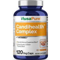 NusaPure CandiHealth Complex bottle front, vegan non-GMO formula for daily wellness.