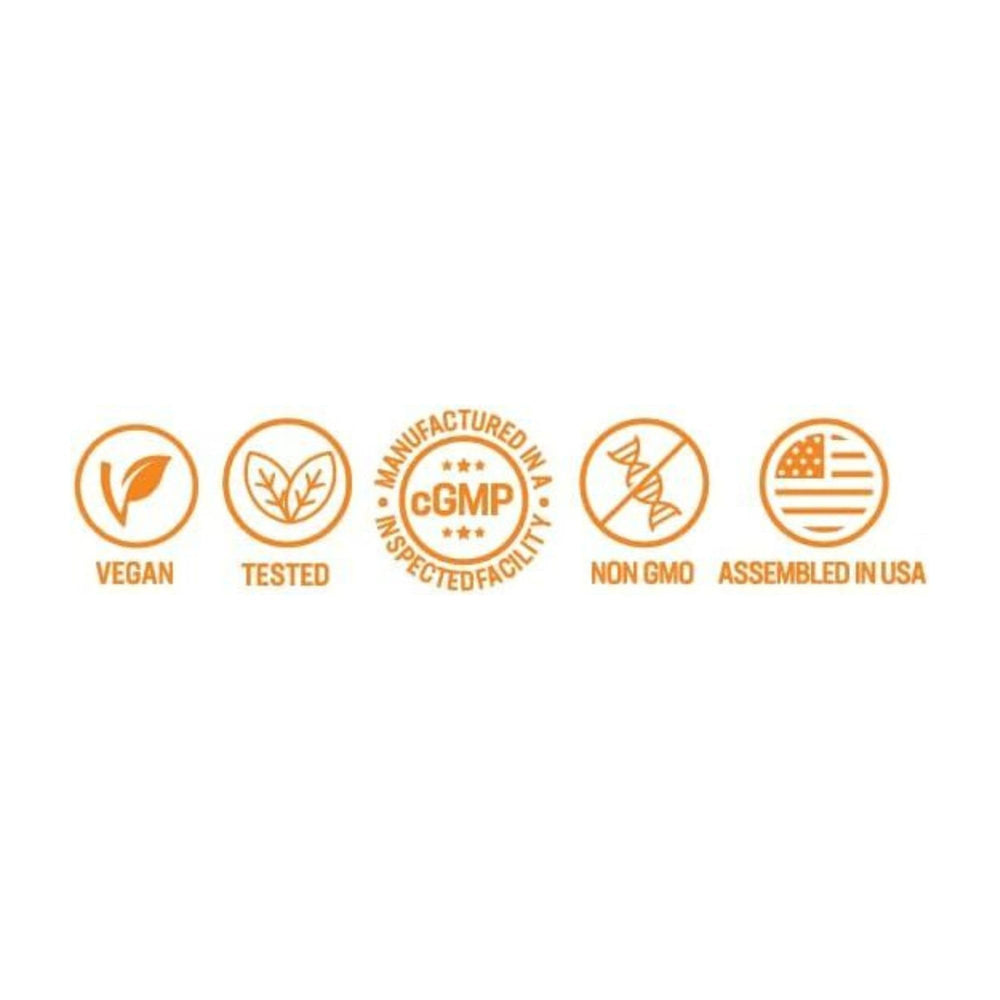 Vegan and Non-GMO certification icons on label for quality assurance.
