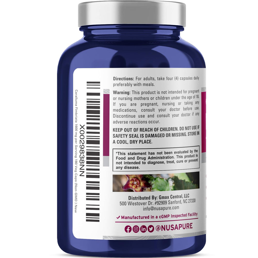 NusaPure Caralluma Fimbriata ingredients list shows clean vegan non-GMO formula
