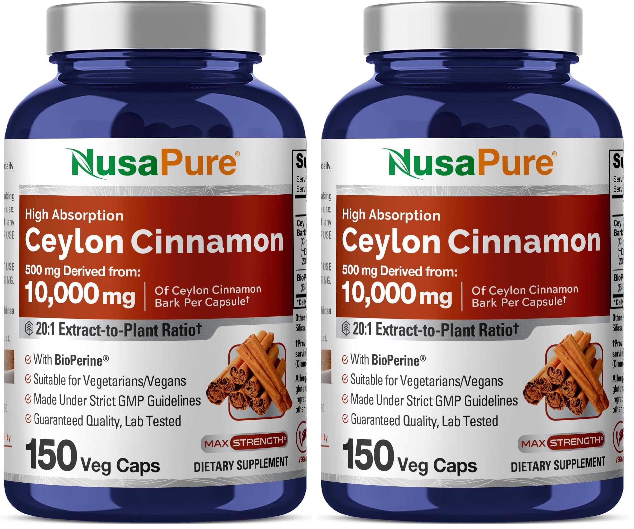 NusaPure Ceylon Cinnamon bottle shown as a premium daily supplement.