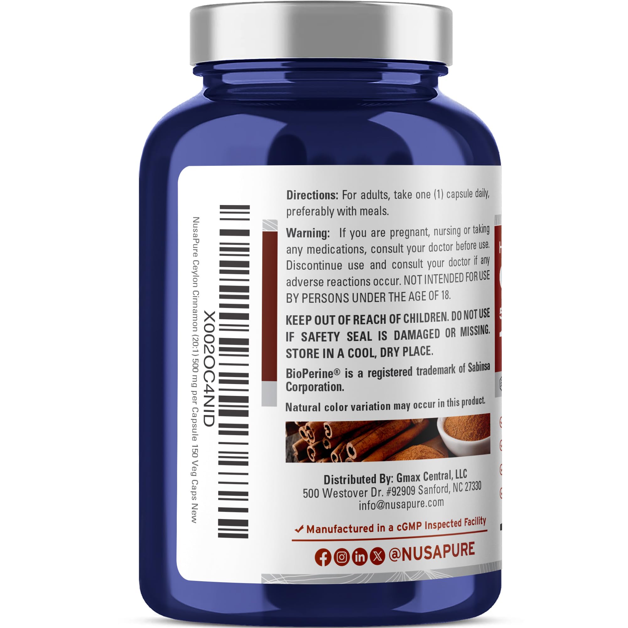 Close-up of NusaPure label highlighting Cinnamon 20:1 extract and Bioperine.