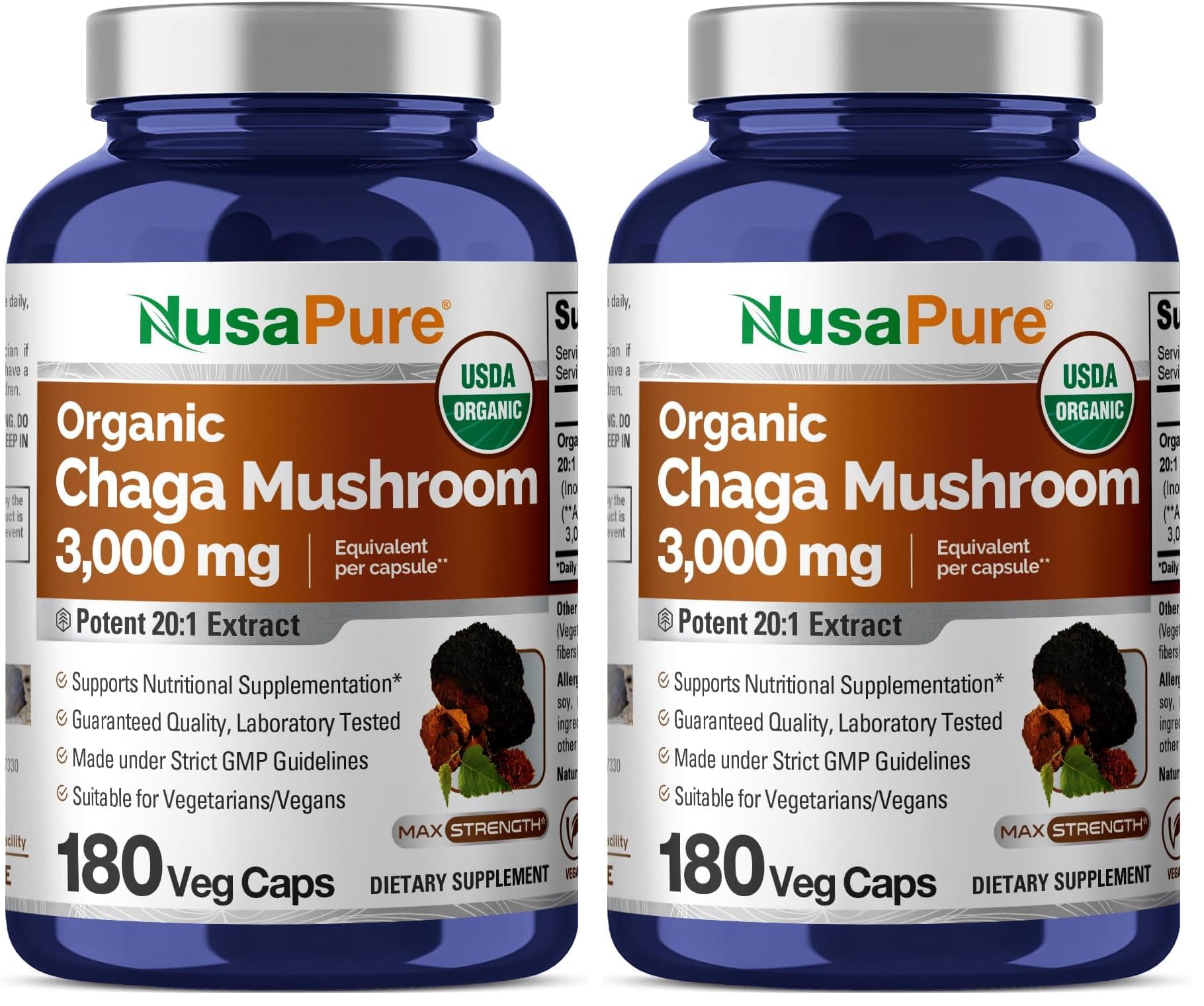 NusaPure Chaga 20:1 bottle close-up highlighting vegan capsules for daily wellness