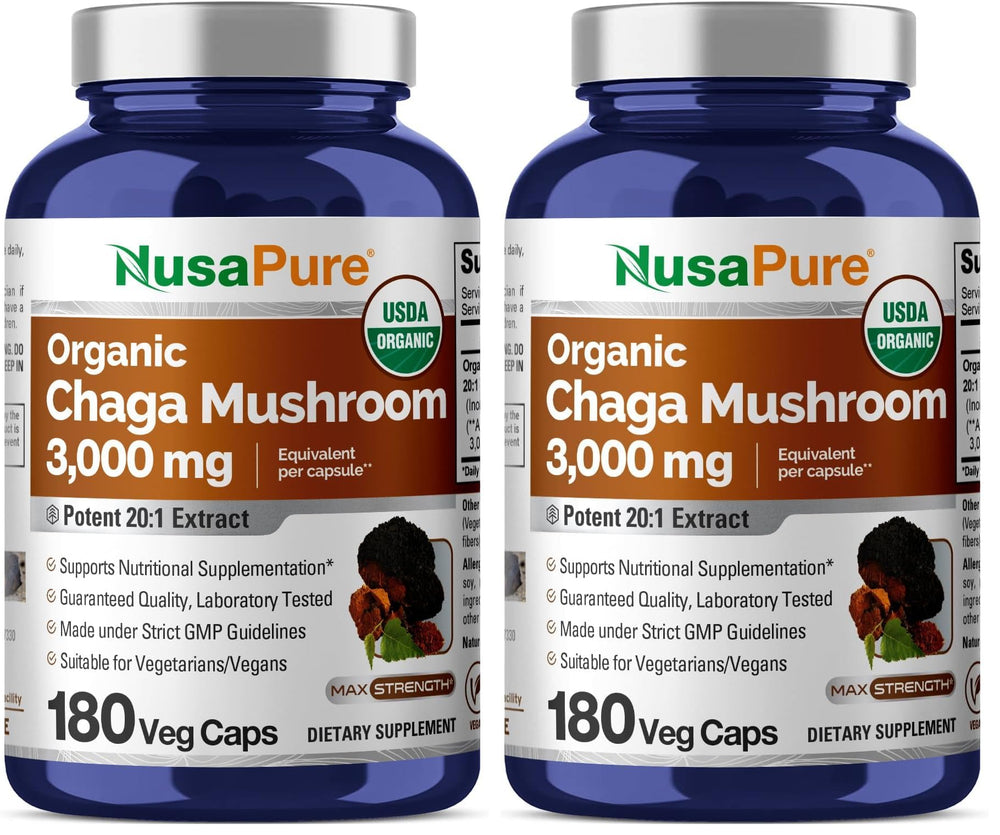 NusaPure Chaga 20:1 bottle close-up highlighting vegan capsules for daily wellness