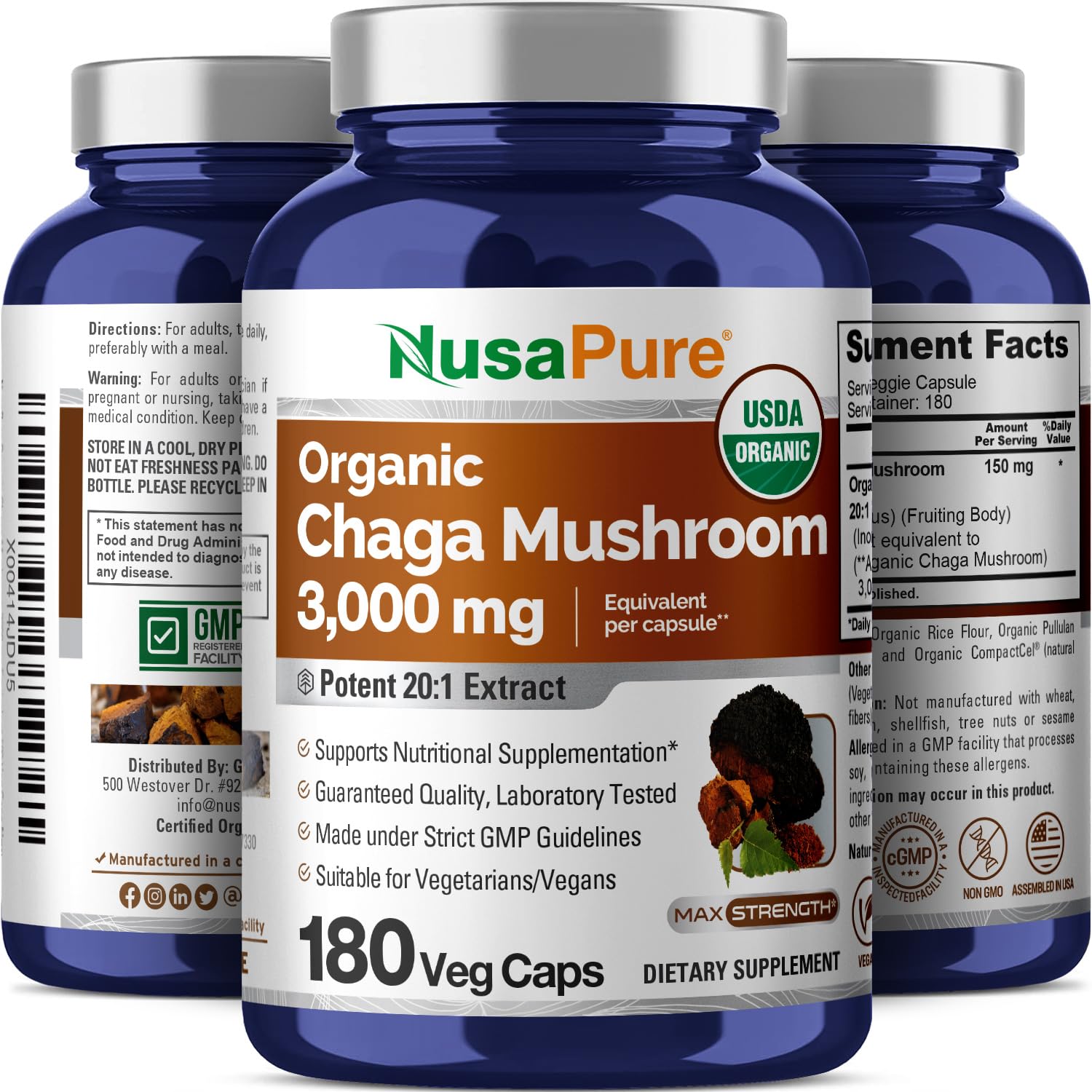 NusaPure Chaga 20:1 packaging close-up emphasizing 180-count vegan capsules