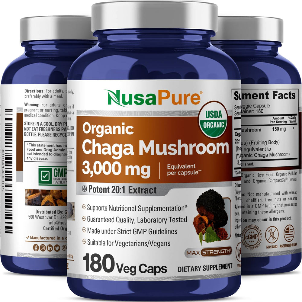 NusaPure Chaga 20:1 packaging close-up emphasizing 180-count vegan capsules
