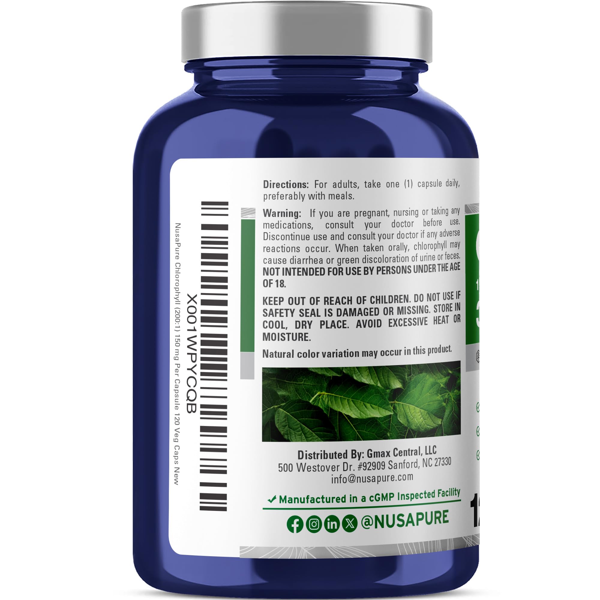 Close-up of NusaPure Chlorophyll capsules, vegan and non-GMO ingredients.