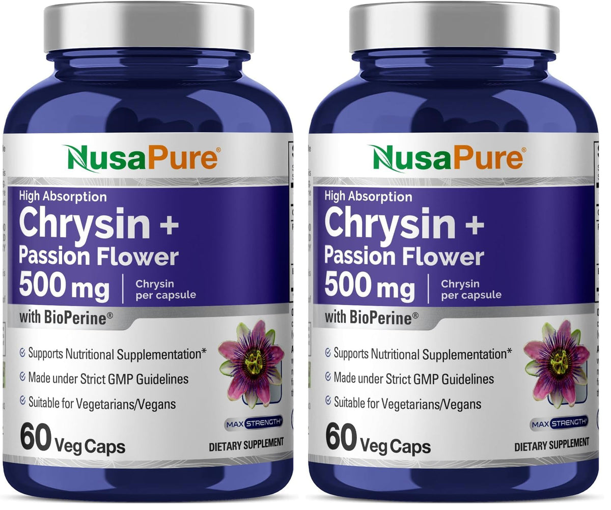 NusaPure Chrysin 500mg bottle and veggie capsules for daily wellness