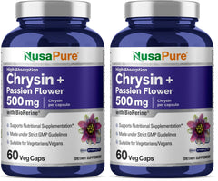 NusaPure Chrysin 500mg bottle and veggie capsules for daily wellness