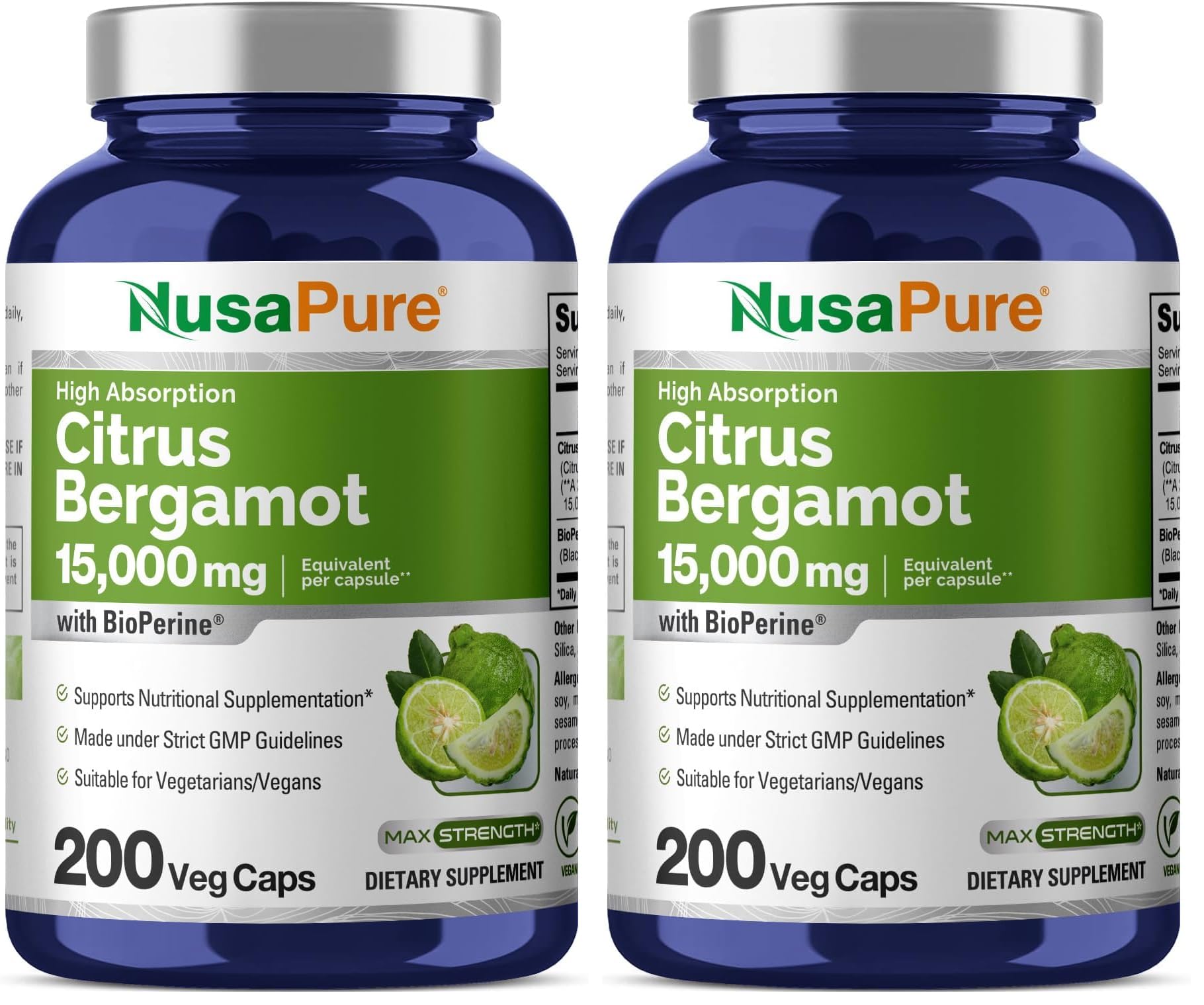 NusaPure Citrus Bergamot Capsules bottle front, vegan daily supplement.