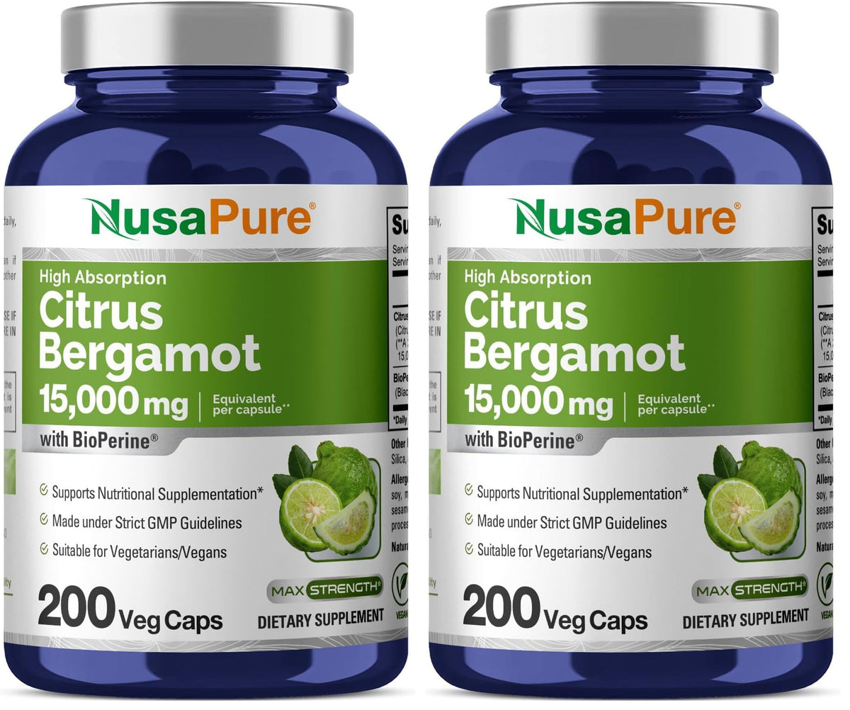 NusaPure Citrus Bergamot Capsules bottle front, vegan daily supplement.