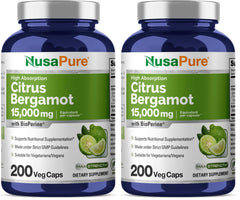 NusaPure Citrus Bergamot Capsules bottle front, vegan daily supplement.