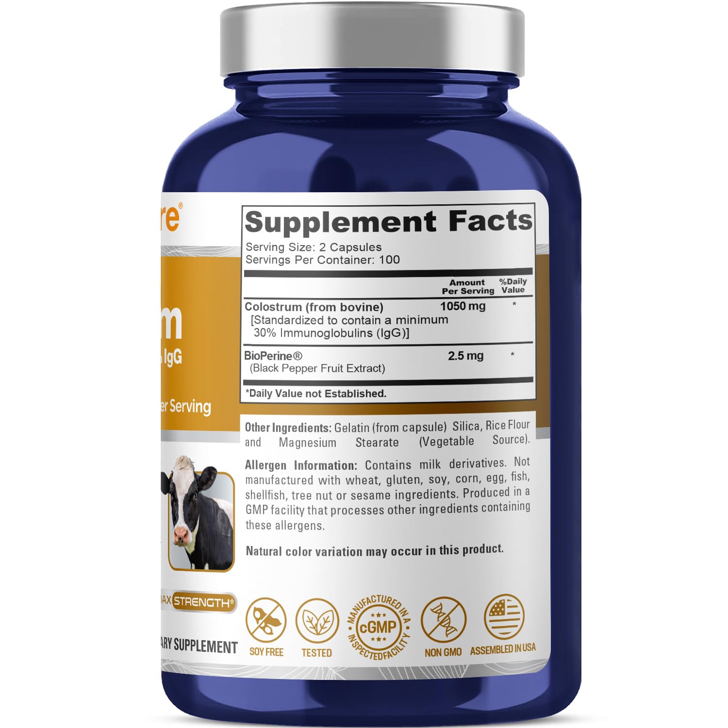 NusaPure Colostrum bottle label closeup showing quality packaging