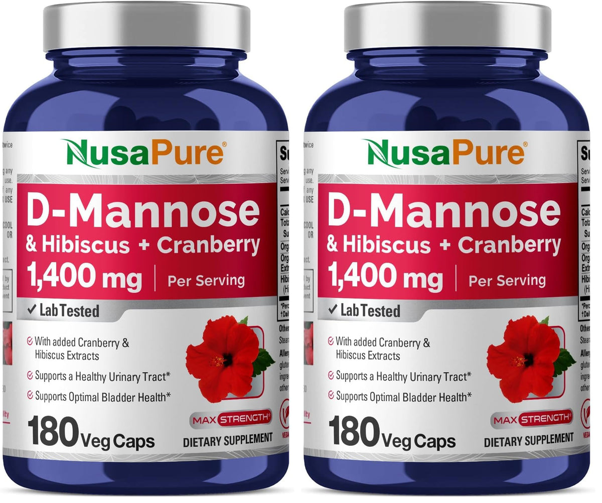 NusaPure D-Mannose Complex bottle showcased for daily wellness with hibiscus and cranberry.