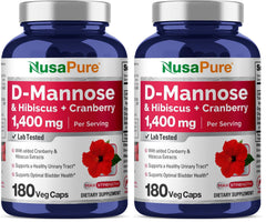 NusaPure D-Mannose Complex bottle showcased for daily wellness with hibiscus and cranberry.