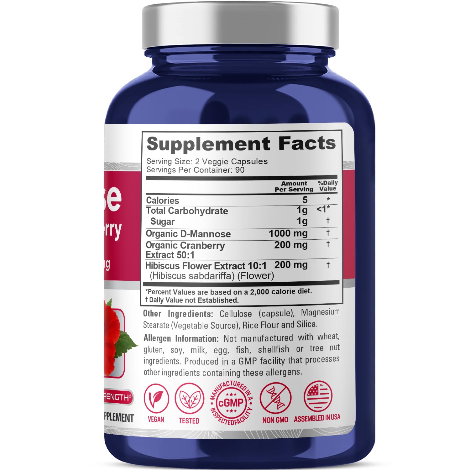 NusaPure D-Mannose capsules highlight hibiscus and cranberry in a natural blend.