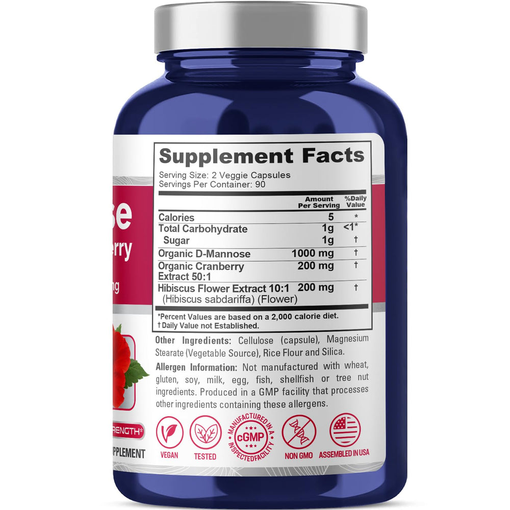 NusaPure D-Mannose capsules highlight hibiscus and cranberry in a natural blend.