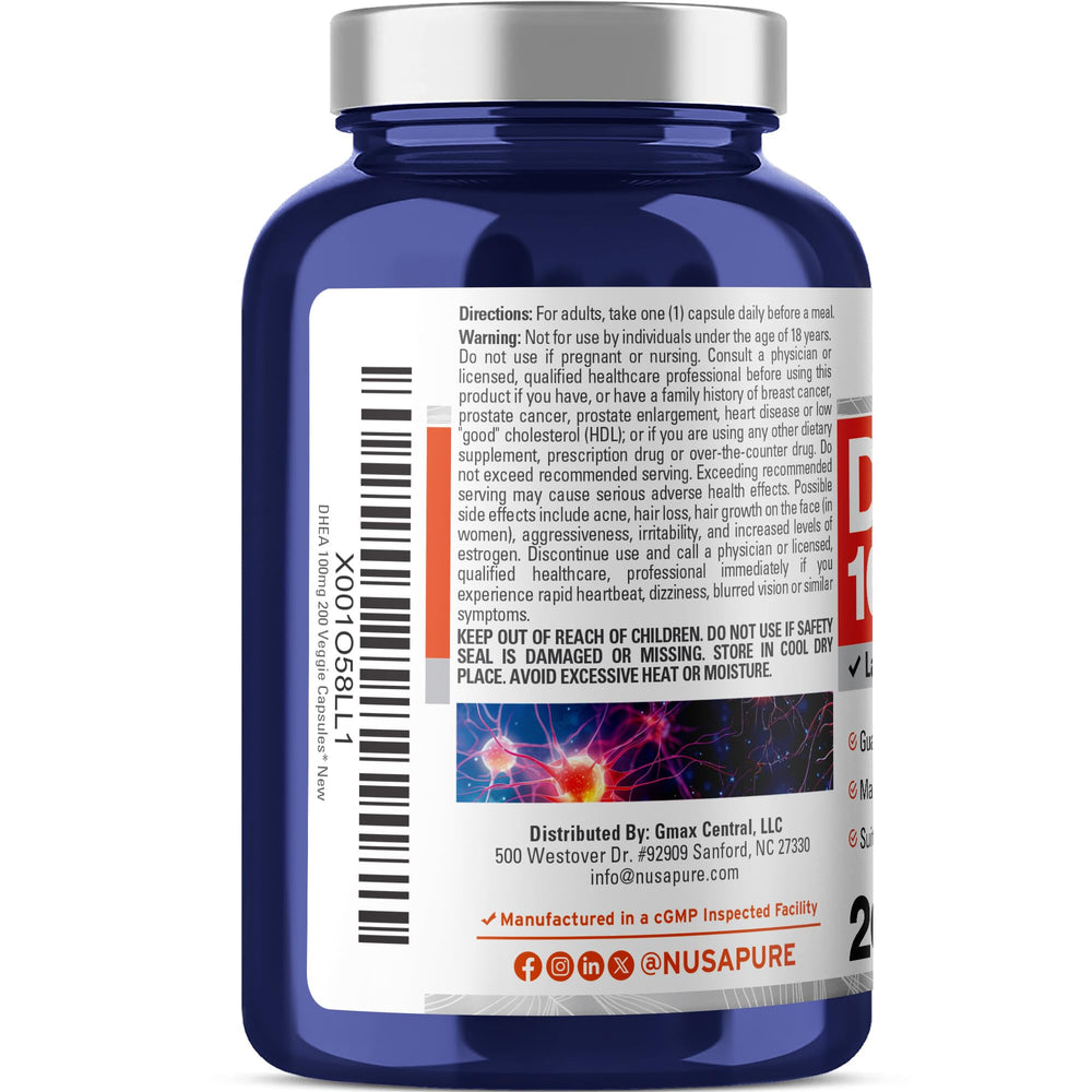 NusaPure DHEA label close-up highlighting 100mg dosage and vegan formula.